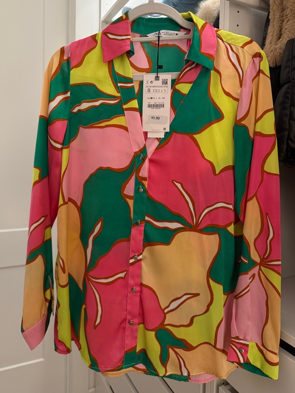 Zara Multicolor Floral Button-Down Shirt — Pink, Green, Yellow
